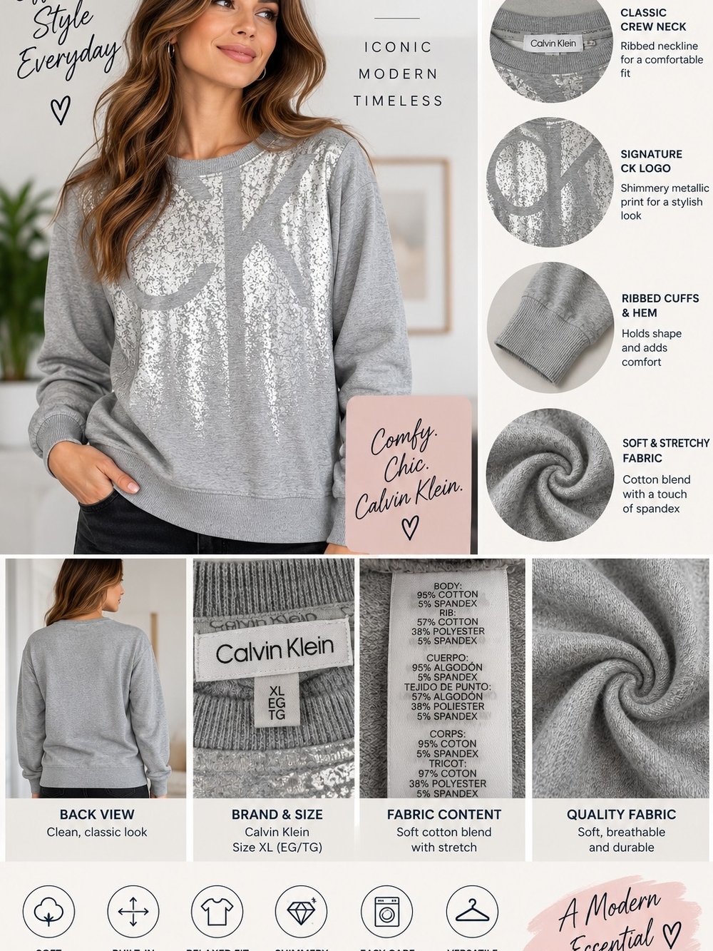 Calvin Klein Silver Gray Metallic Logo Crewneck Sweatshirt